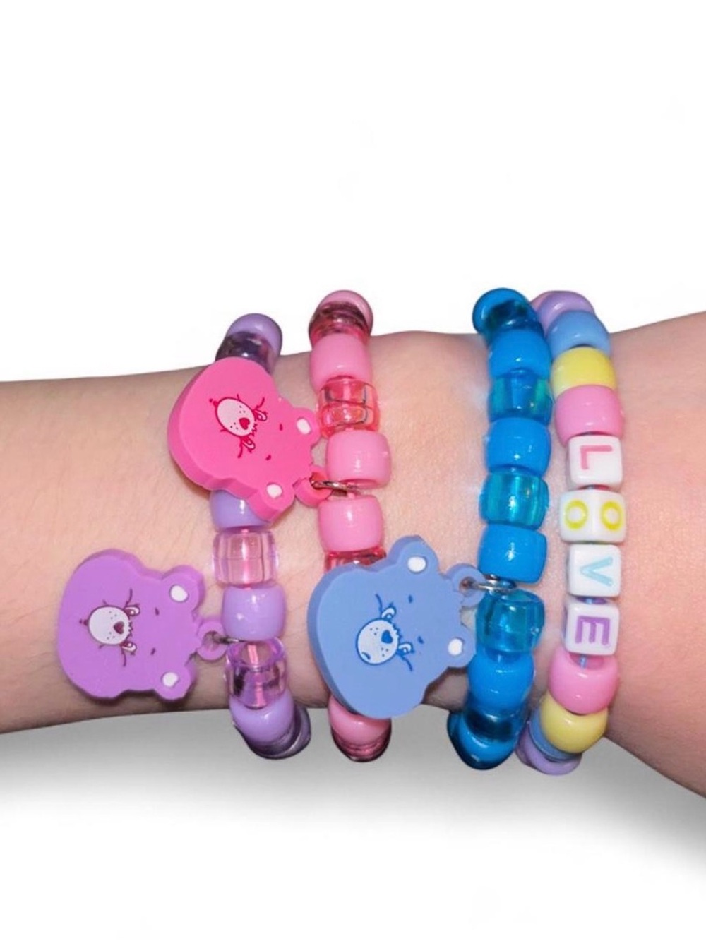 Care Bears Pastel Bead Charm Bracelets - Pink Purple Blue multi